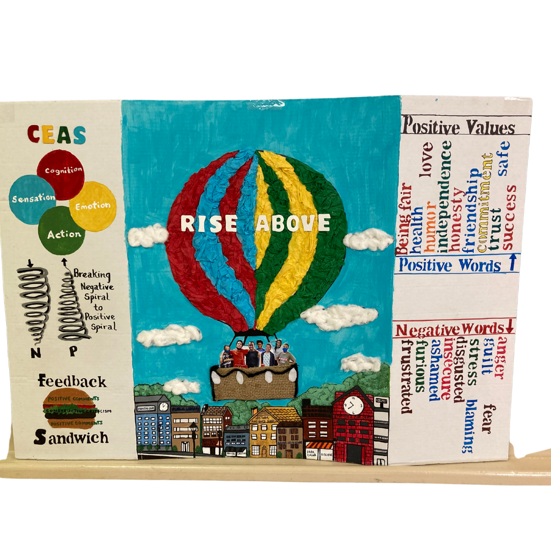Photo of poster created with Rise Above title and hot air balloon theme